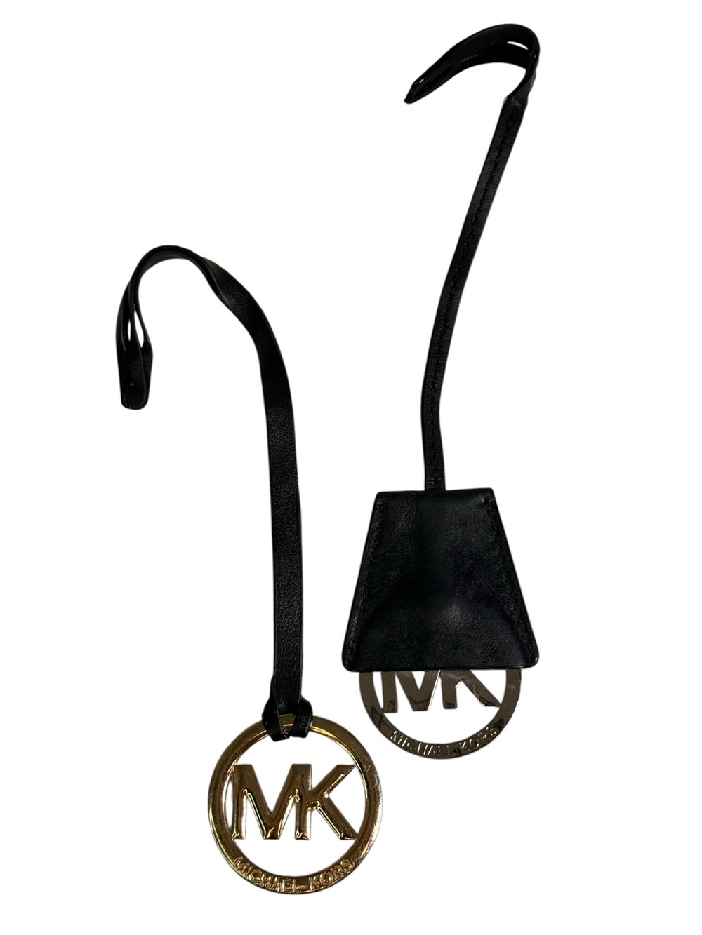 Set of Two Michal Kors Logo Charms, Gold/Black Leather & Silver/ Black Leather